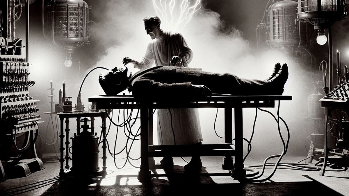 Dramatic black and white depiction of Dr. Frankenstein reviving his monster with electricity