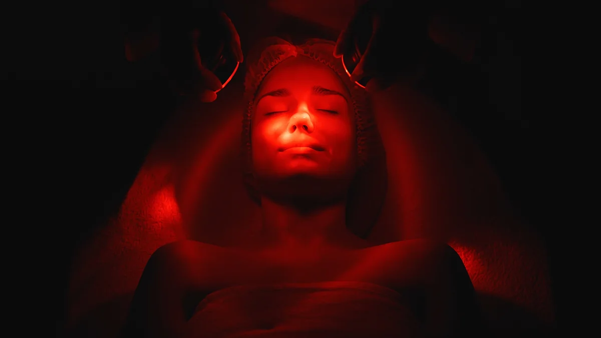 An attractive woman getting red light therapy for the face in a dark room