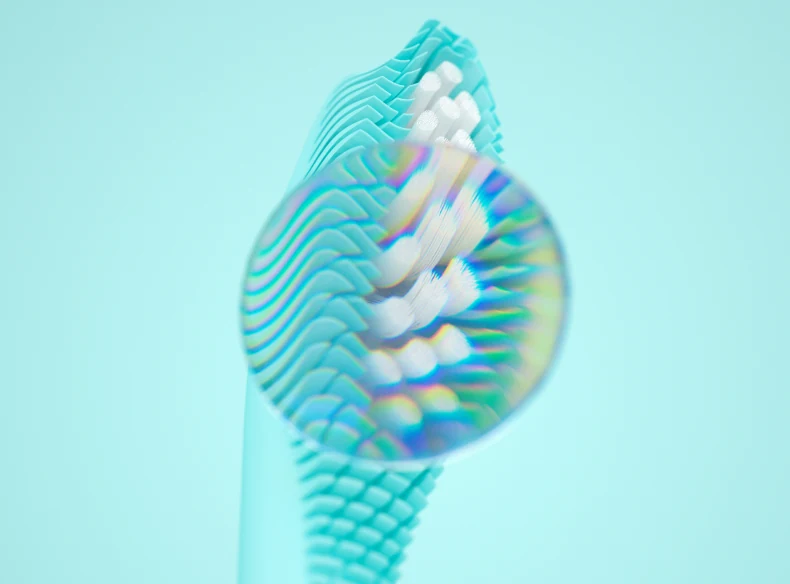 Close-up of a FOREO issa hybrid brush head with silicone and polymer bristles