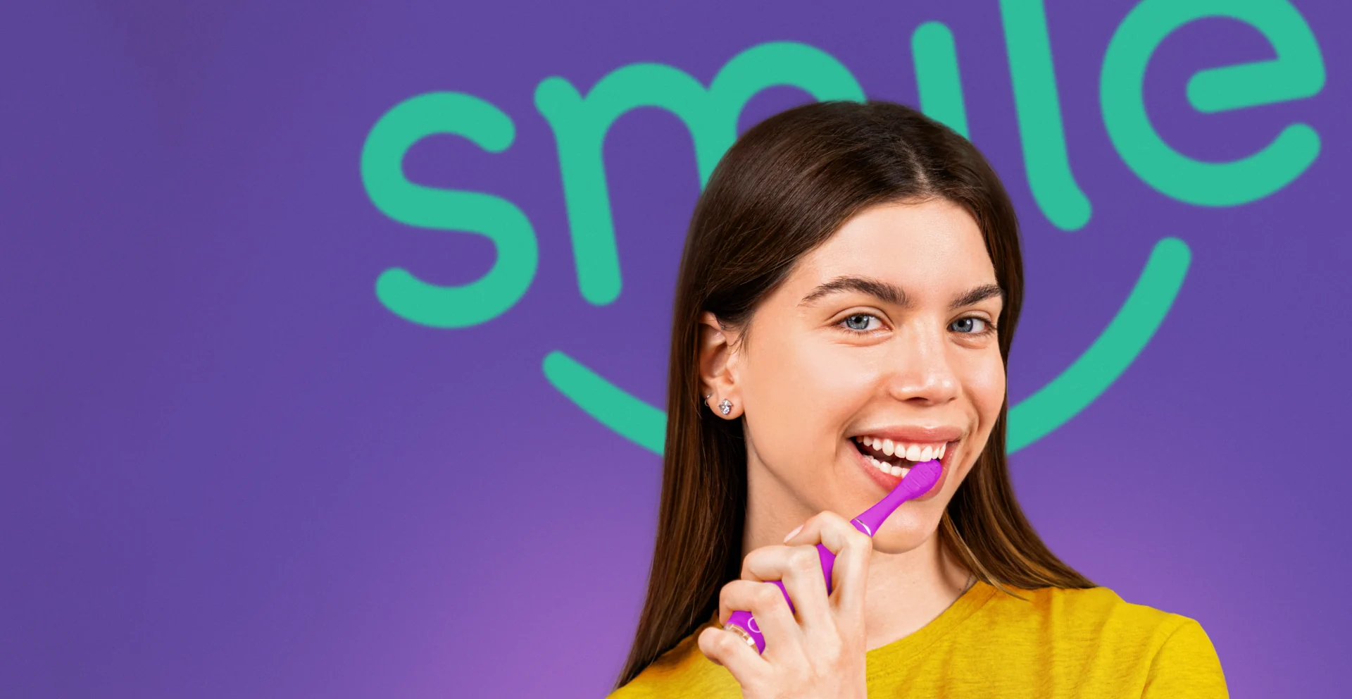 Woman brushing her teeth with a purple FOREO issa 4 smile in front of a smile graphic