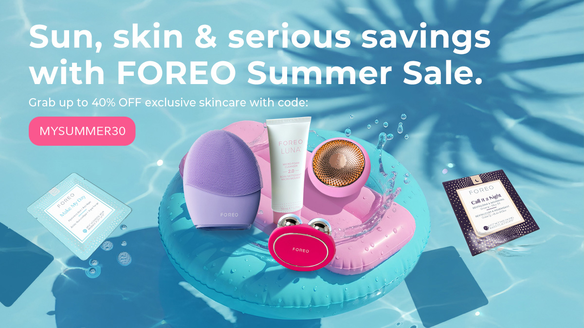 FOREO Summer Sale, skincare items floating in a sunny pool