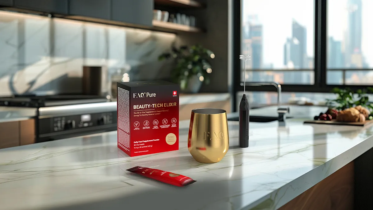 FAQ Pure all-in-one supplement sachets with gold cup and a mixer on the kitchen counter