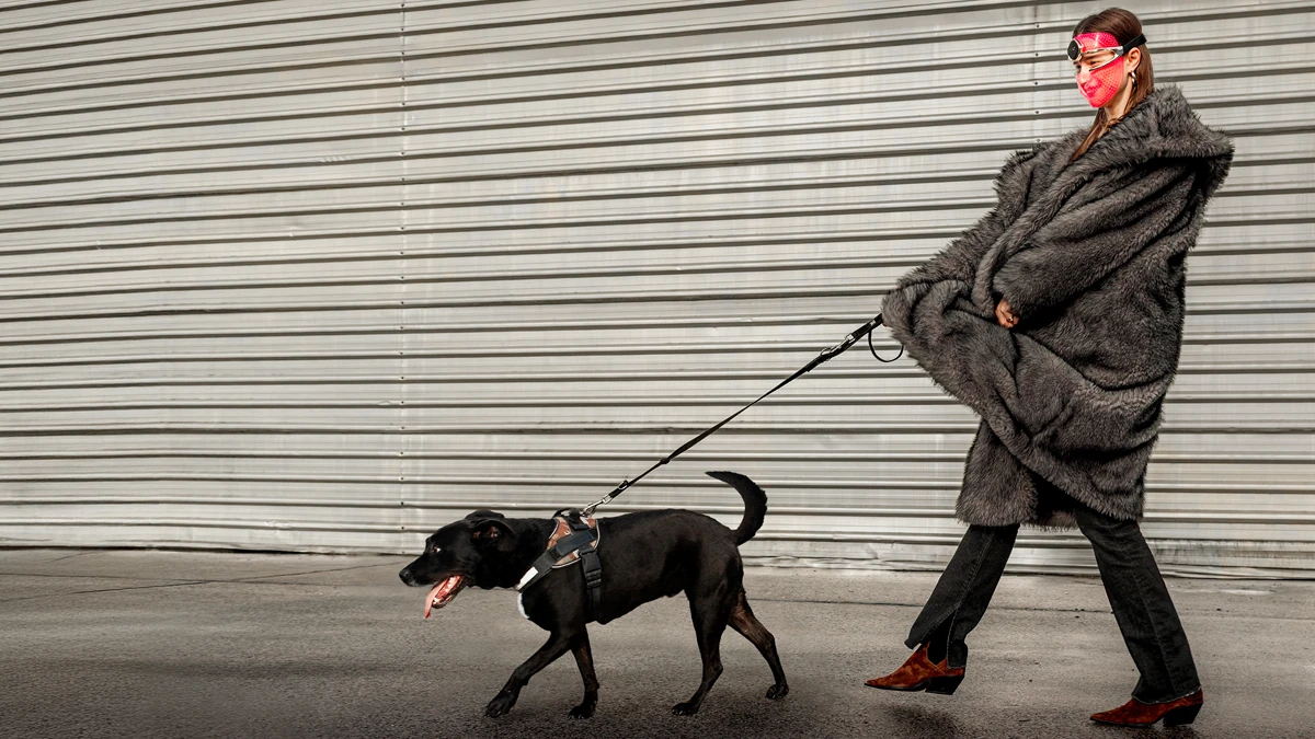 A woman walking her dog in a faux fur coat and wearing an FAQ 202 LED face mask