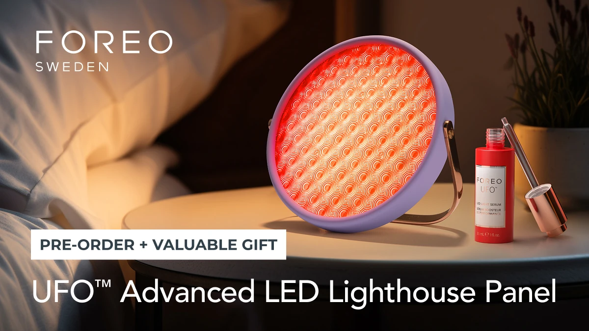 UFO Advanced LED Lighthouse Panel and UFO LED light serum on a nightstand