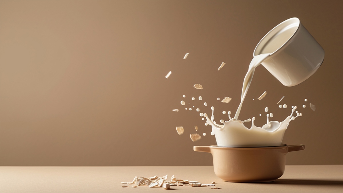 MIlk poured into a pan on abeige background