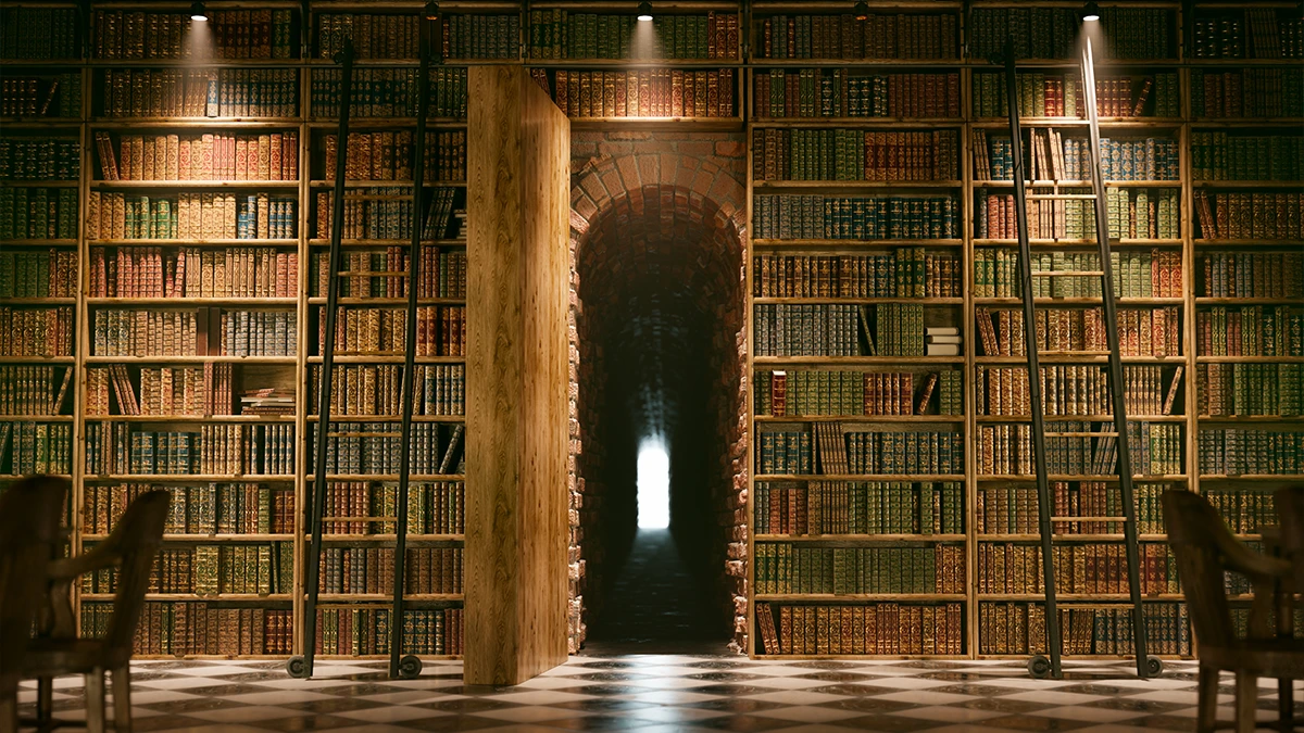 A large vintage old school library with high ceiliings and tall book shelves