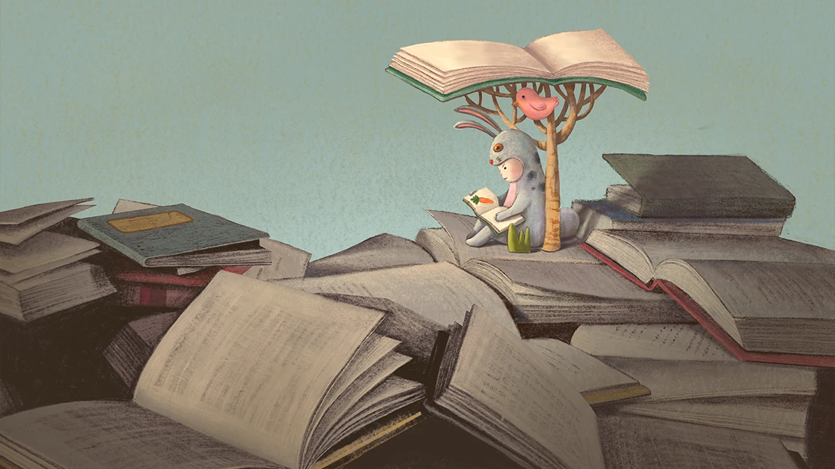 A drawing representing imagination, a creature sitting undr a tree mafe of a book on a hill made of open books