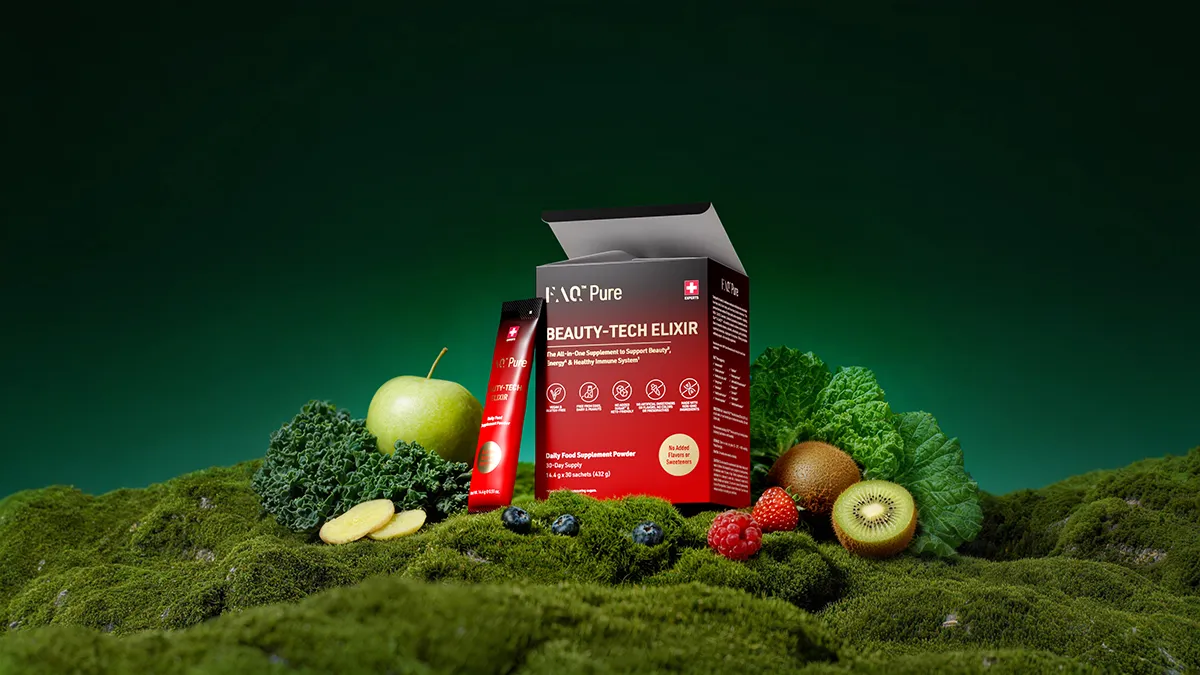 FAQ Pure superfoods powder on a moss background