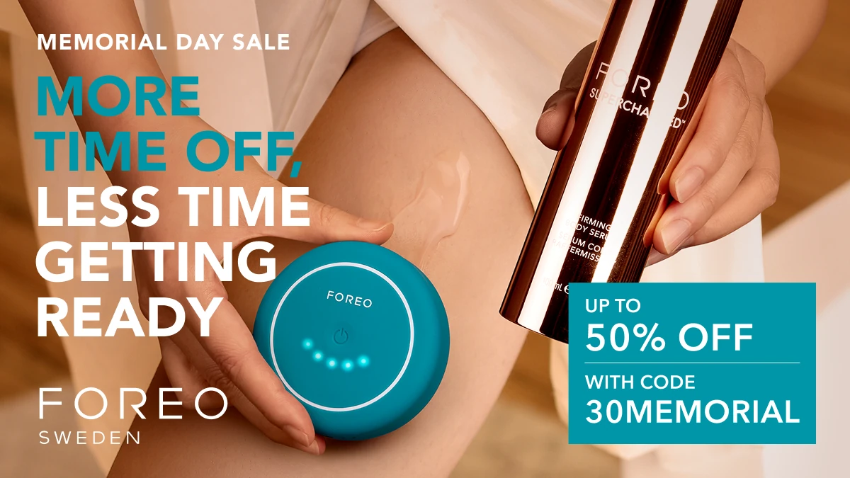 A woman using a bear 2 body bundle on foreo skincare sale memorial day