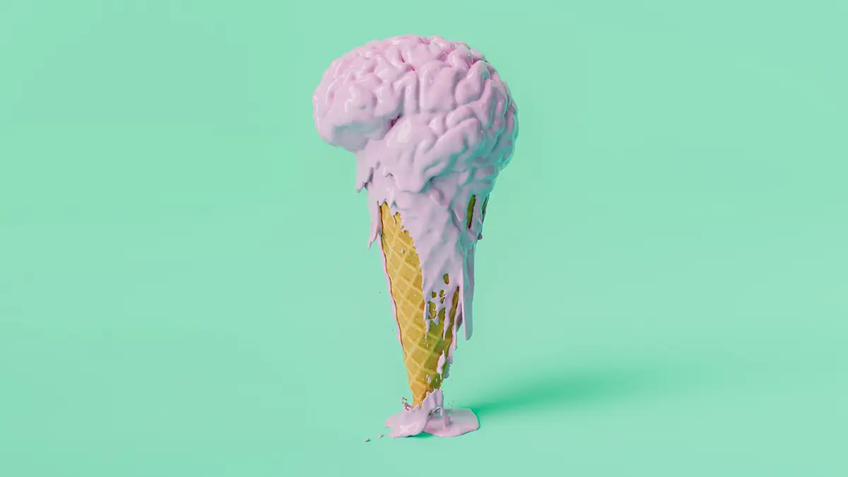 A pink ice cream in the shape of a brain melting on a mint background