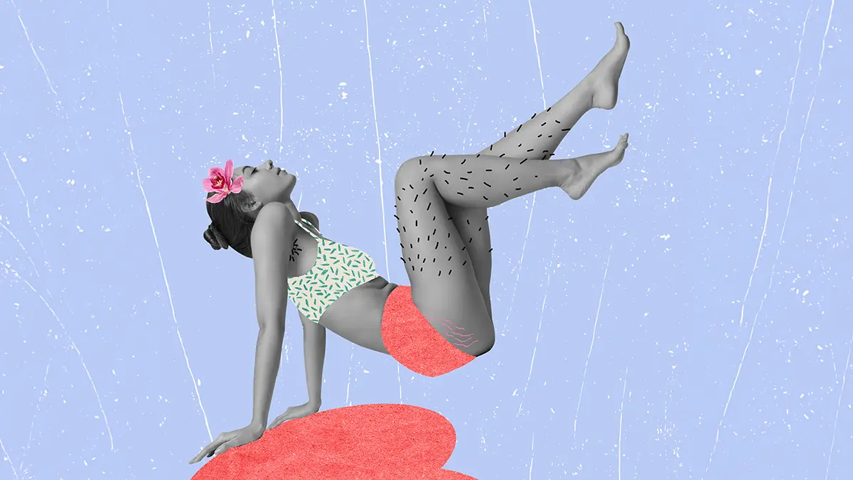 a collage with a young woman depicting hair removal