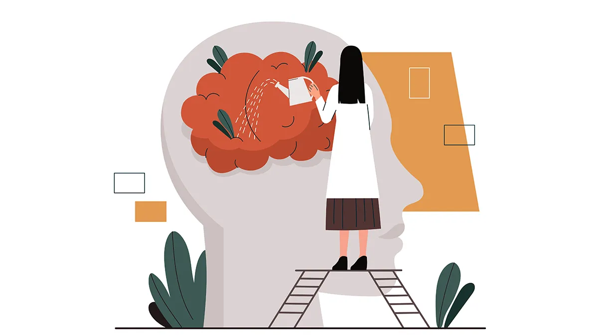 A vector of a scientist woman on a step ladder watering the brain