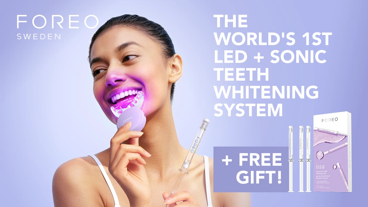 A woman using issa teeth whitening set on a lilac background