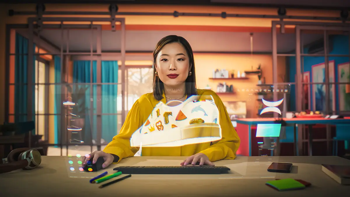 An asian descent woman in yellow shirt shopping for sneakers online with a computer hologram, in a modern colourful space
