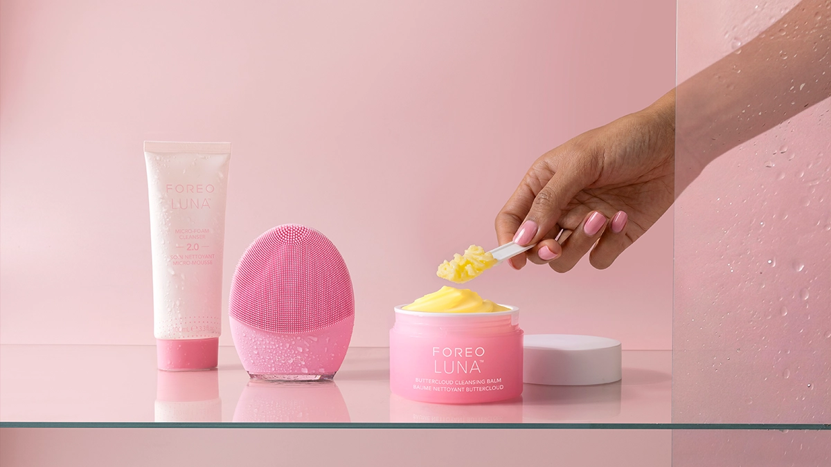 Best double cleaning products FOREO LUNA buttercloud balm, micro-foam cleanser, and facial cleansing brush LUNA 4 