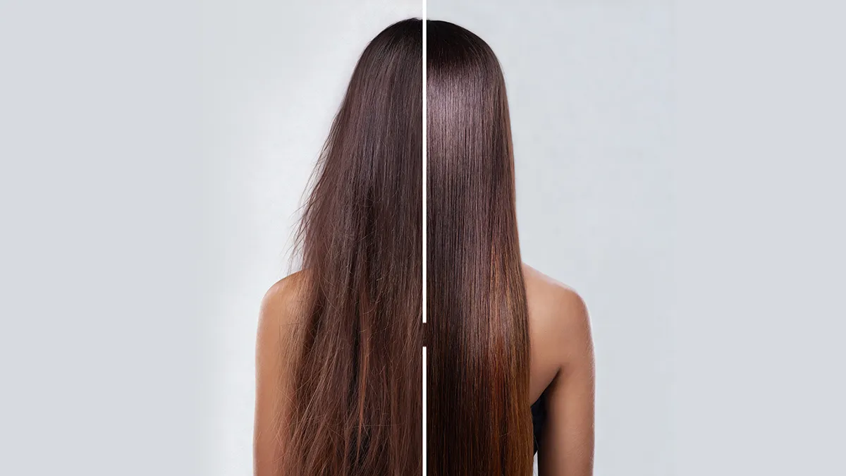 FLIP LED hair brush before after anti frizz, split screen back of a woman's head 