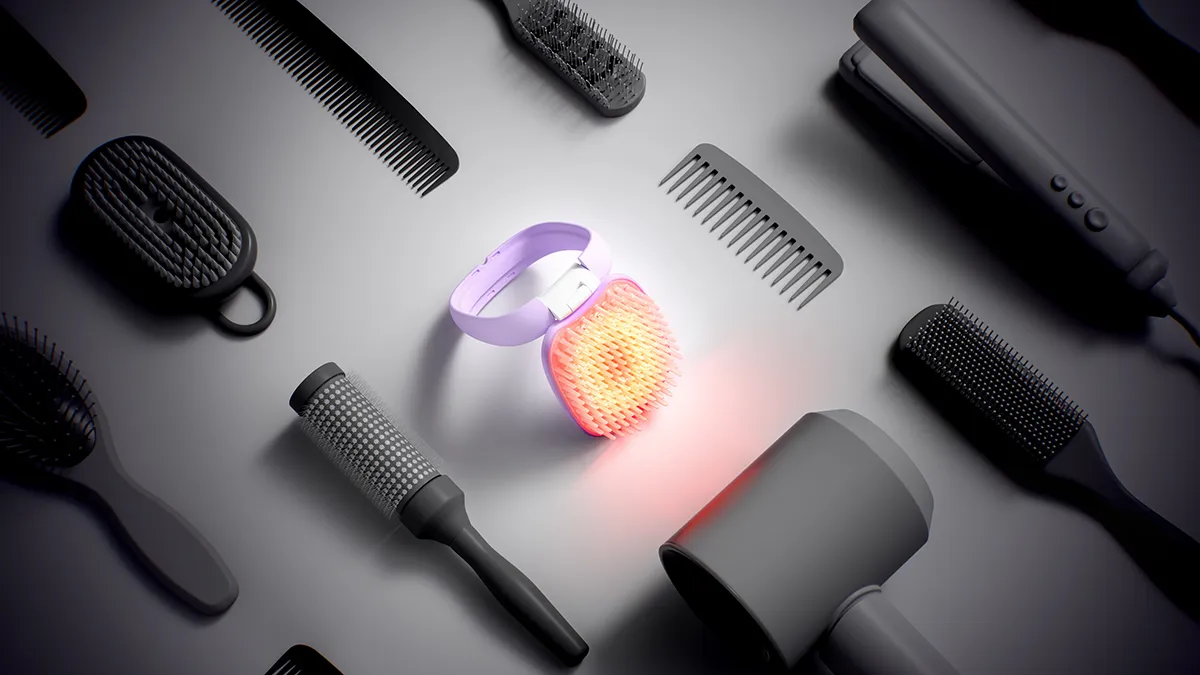FLIP detangling hairbrush glowing red amidst gray hairbrushes