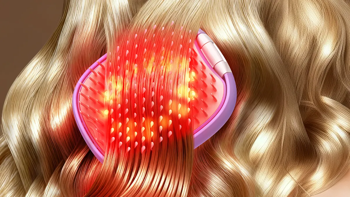 FLIP plus red LED anti hair loss brush gliding through gloss wavy blond hair