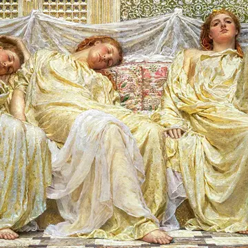 An old painting of three women, two sleeping, one awake and looking at us
