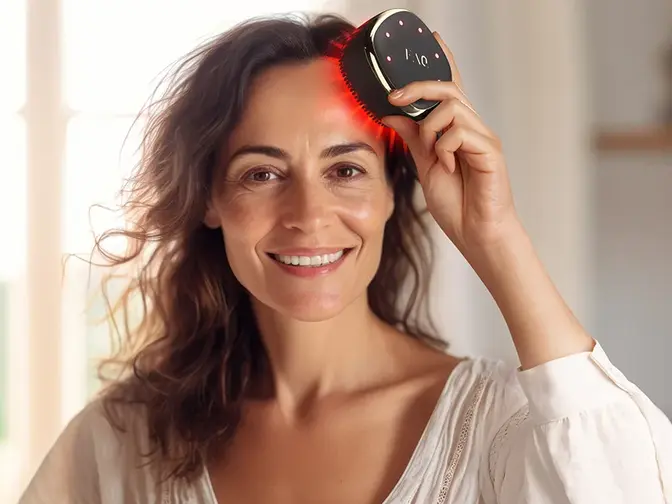 A beautiful woman using FAQ 302 red light and laser hair growth device 