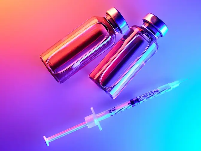 GLP-1 bottles and a syringe under neon lights