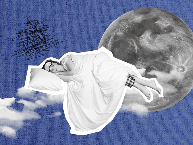 A collage picturing young woman sleeping in the clouds of a galaxy scenery
