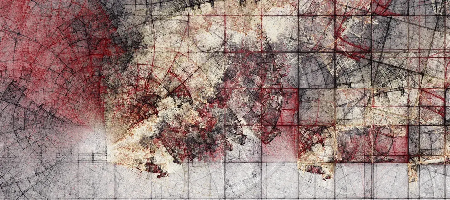 An abstract moody dark, black, red, and white painting showing an idea of damage and deterioration