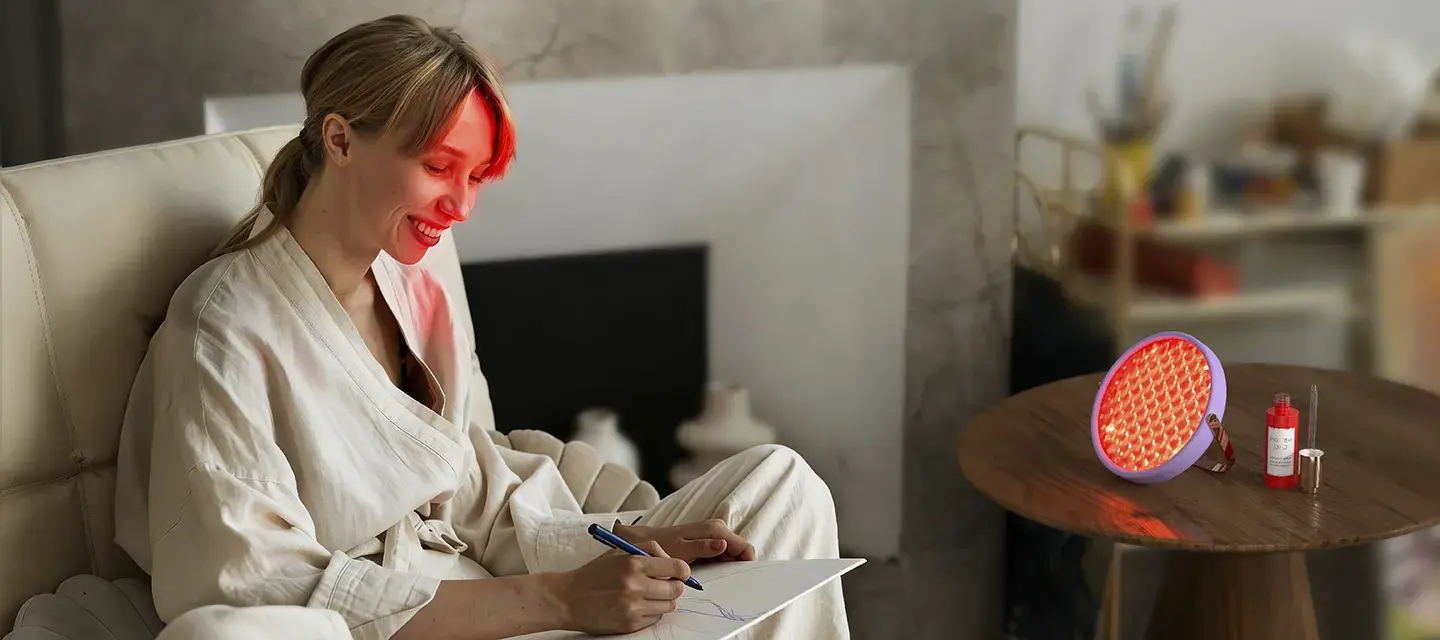 A gorgeous woman using UFO lighthouse red light panel launging in a soft armchair