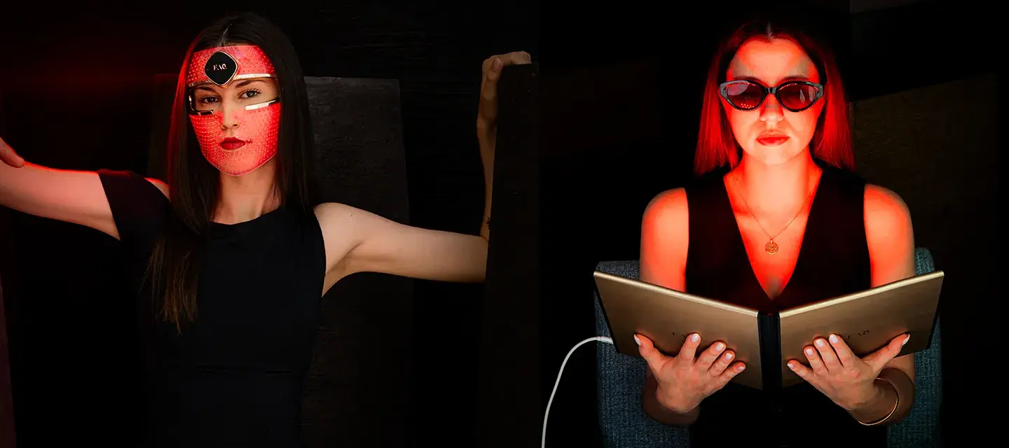 A comparisn of a woman on the left using a red light mask and a woman on the right a red light panel