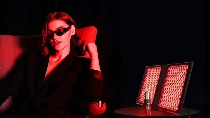 A modern woman in a dark room using FAQ dual LED light panel