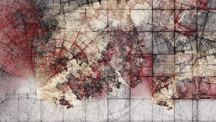 An abstract moody dark, black, red, and white painting showing an idea of damage and deterioration