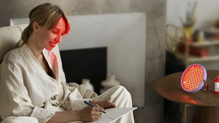 A gorgeous woman using UFO lighthouse red light panel launging in a soft armchair