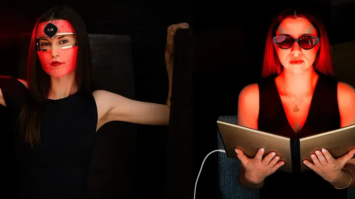 A comparisn of a woman on the left using a red light mask and a woman on the right a red light panel