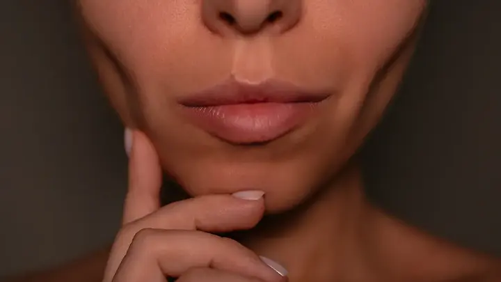 A woman with sunken cheeks wandering how to avoid Ozempic face on a dark background
