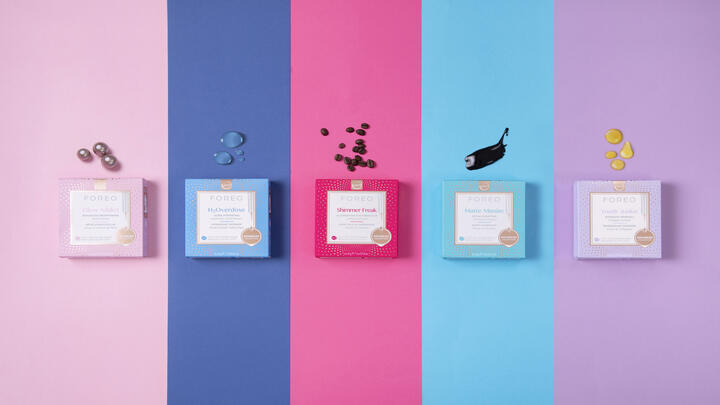 FOREO UFO Activated Masks range, from left to right: Glow Addict, H2Overdose, Shimmer Freak, Matte Maniac, Youth Junkie
